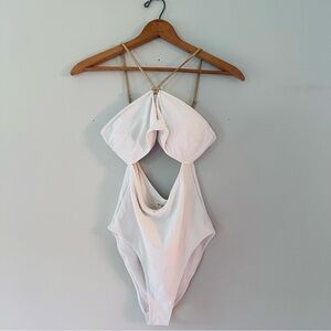 Aerie One Piece Cheeky White Bathing Suit  with Gold Glitter Straps Size Large